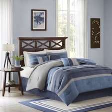 NEW  COZY ULTRA SOFT MODERN BLUE NAVY GREY STRIPE CHIC COMFORTER SET  PILLOWS