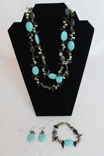 Double Strand Turquoise Beaded Necklace Matching Bracelet Earrings Set DHJ13