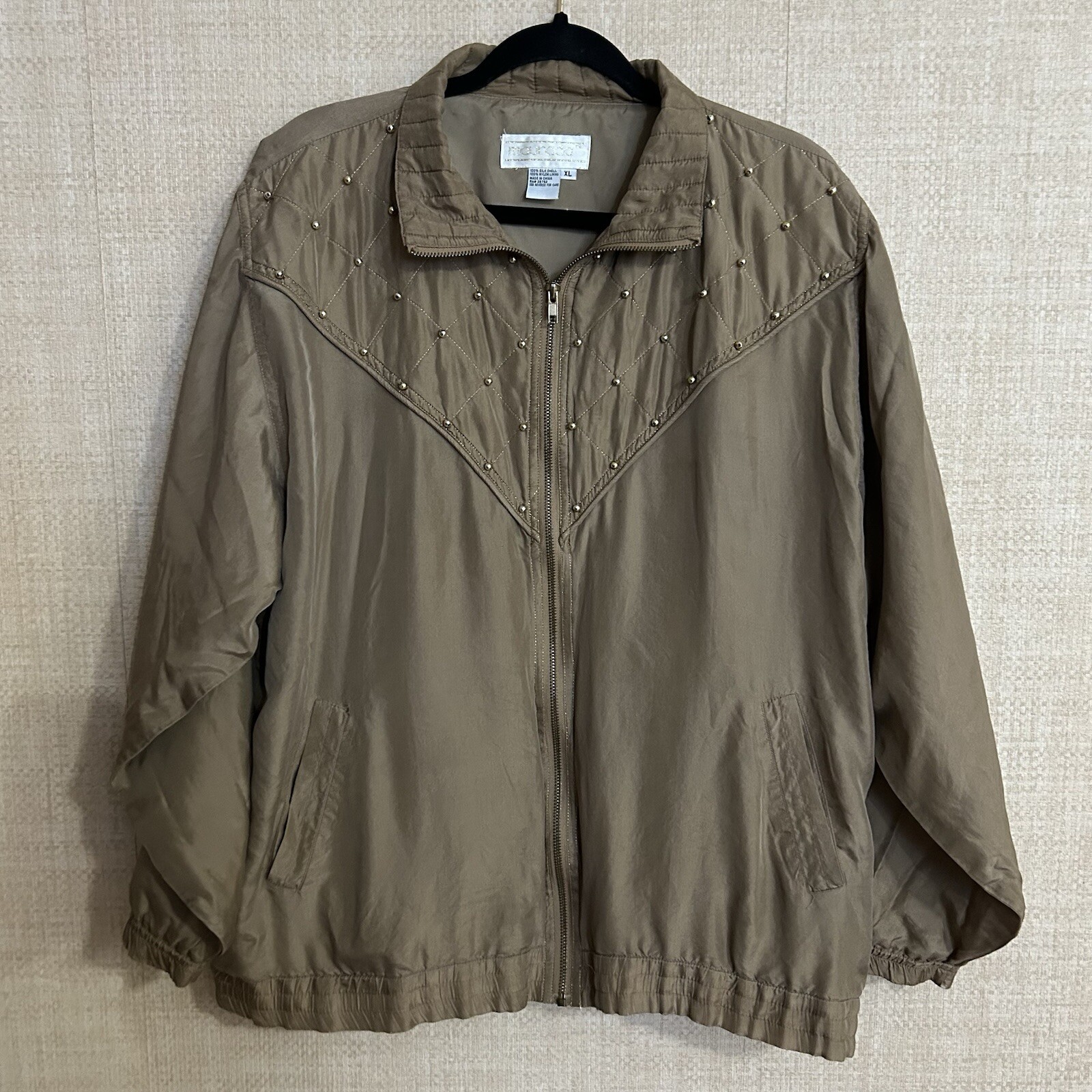 Vintage 90s Y2K Women Jacket Windbreaker Silk Gold Full Zip Gold Studded Sz XL