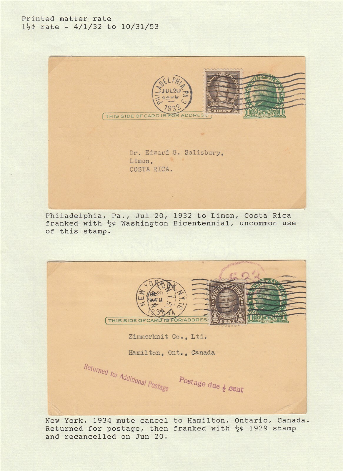 (14) Printed Matter Rate Postal Cards 1902 to 1954 on Exhibit Pages eBay