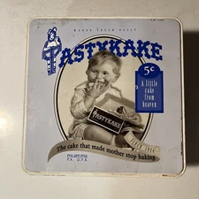 Vintage TastyKake Tin Child 5¢ Cents Blue White Square Storage 8" Rare Antique