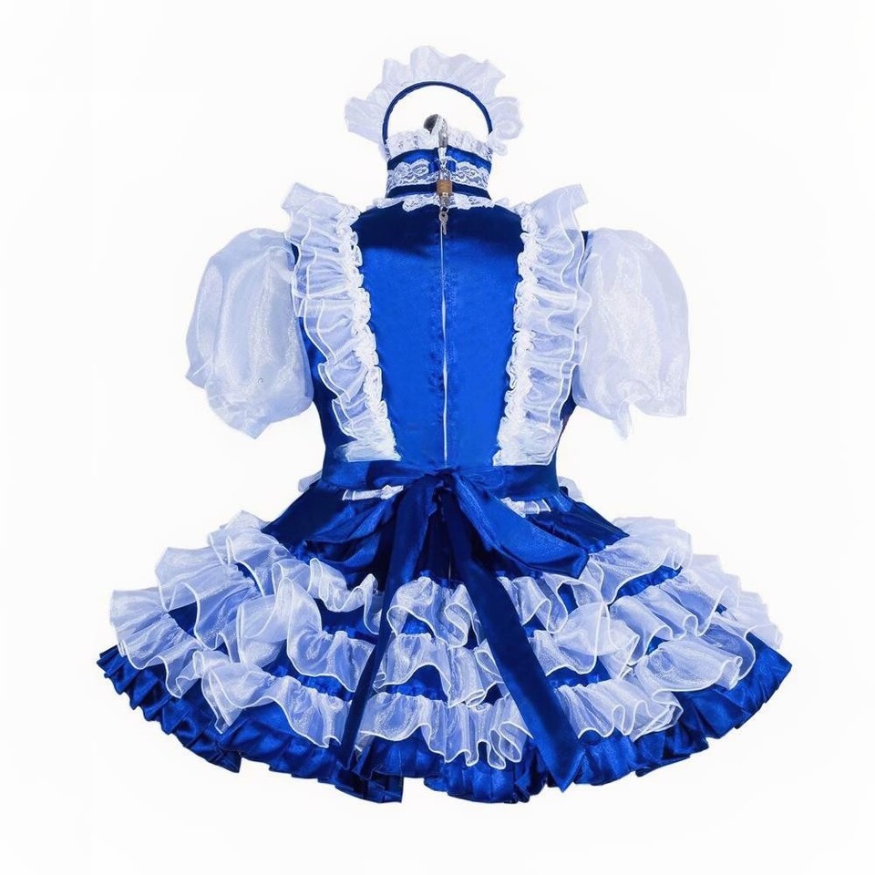 French Maid Girl Sissy Lockable Blue satin Dress Cosplay Costumes ...
