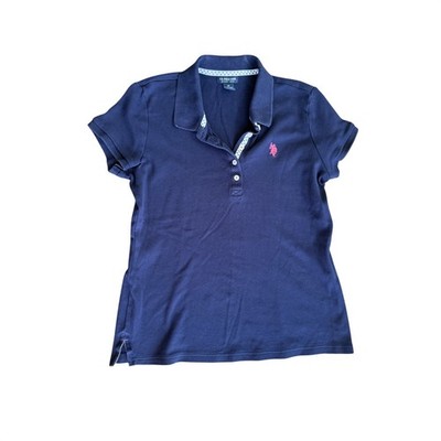 US Polo Assn Navy Polo Shirt Womens Medium Pink Logo Preppy Golfcore Top