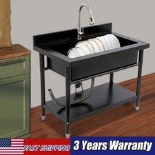 Freestanding Utility Sink Metal Kitchen Sink Single Bowl Sink w/ Pull-out Faucet
