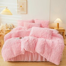 Fluffy Faux Fur Comforter Cover Set  Fluffy Plush Bedding 4Pcs 1 Queen Pink