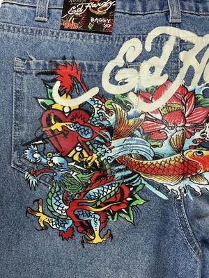 NEW Ed Hardy Tattoo Koi Baggy Jean Y2K Paint Splatter Multicolor