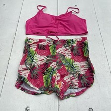 Pink Tropical Printed Two Piece Bikini Shorts Swimsuit Set Women's Size XXL