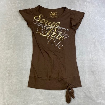 South Pole Girls XL Brown Rhinestone Embellished T-Shirt Tie Waist Sparkle