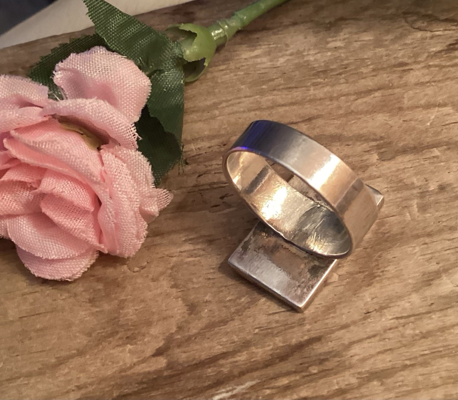 950 Silver Modernist Statement Ring Geometric Inl… - image 6