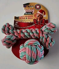 Bow Wow Pet Christmas Holiday Knotted Rope Bone And Ball Dog Toy 2 Pack NEW 