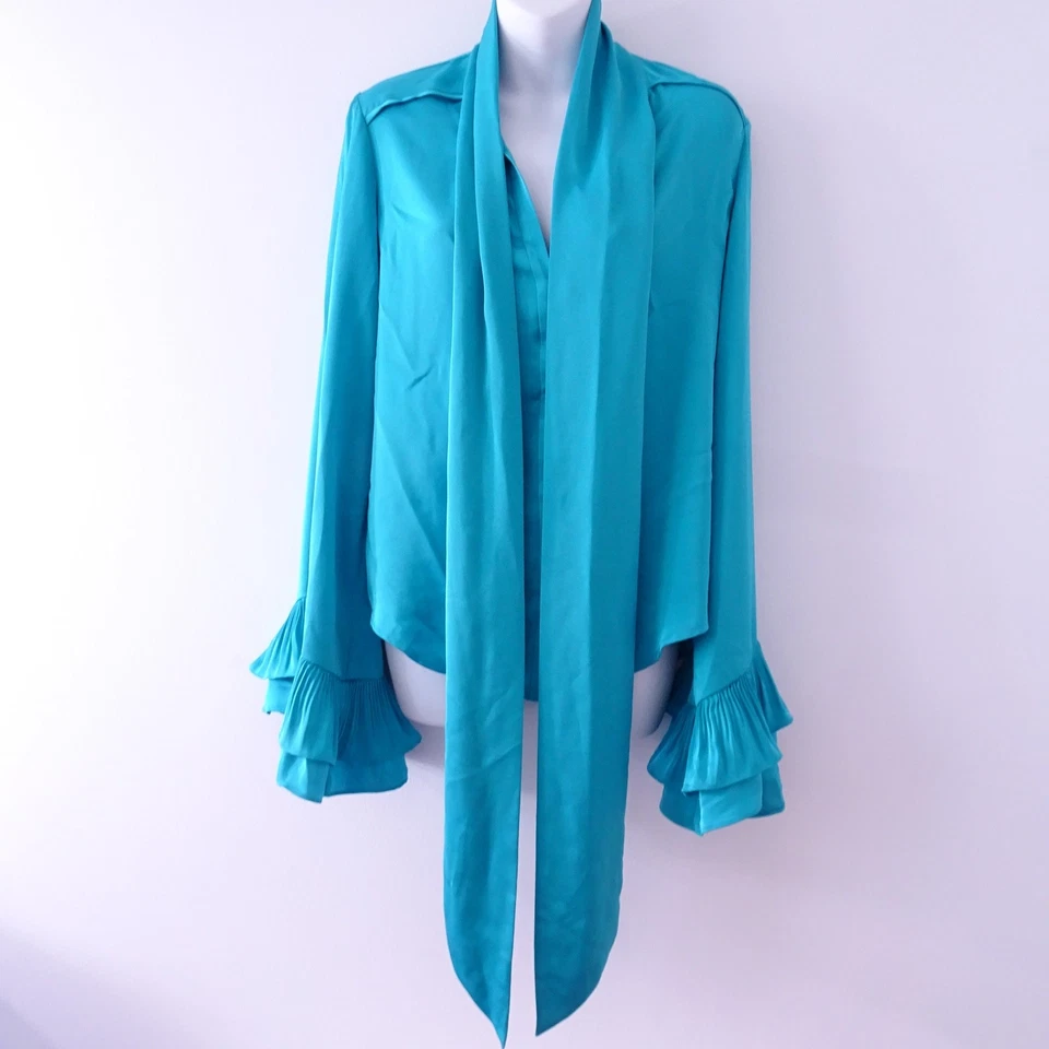 NUEVO CON ETIQUETAS Blusa Top Ramy Brook Para Mujer Azul Volantes Manga Larga Faja Talla S Nueva con Etiquetas 398