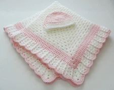 Soft Cuddly White and  Baby Pink Crocheted NEW Baby Blanket w Hat Multi Purpose