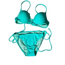 Victoria's Secret Turquoise Push Up Bikini Set 36B Top Small Bottoms Aqua Tie