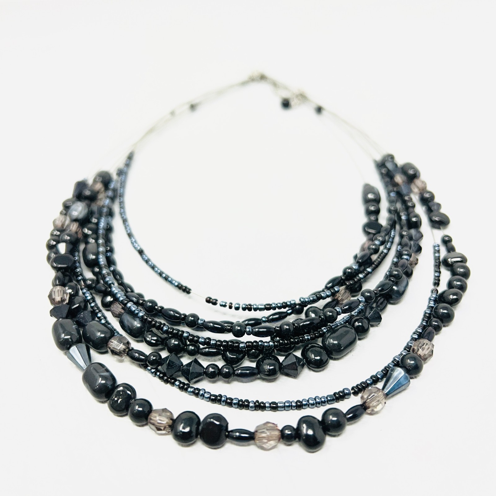 Black Multi Strand Beaded Statement Necklace Adju… - image 4
