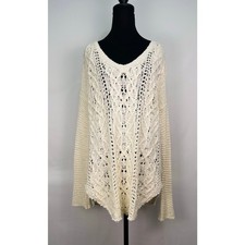 Free People Oversized Ivory Knit Sweater Slouchy V Neck, 100 Cotton