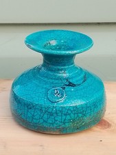 Vintage Hugh West Signed studio pottery Raku vase Turquoise glaze ~ 8cm tall
