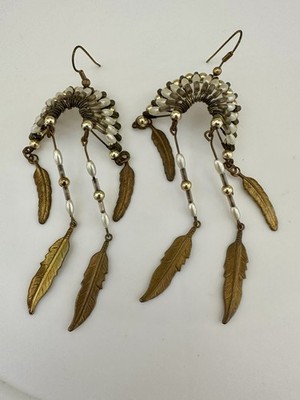 RARE* VTG Native American Beaded Headdress Dangle Earrings Gold Feathers Unique