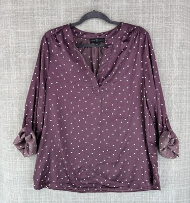 Fred David Blouse Womens L Purple Tunic V-Neck Roll Tab Polka Dot Stretch
