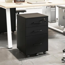 File Cabinet with Lock,3 Drawer Wood Rolling Filing Cabinets Under Desk for H...