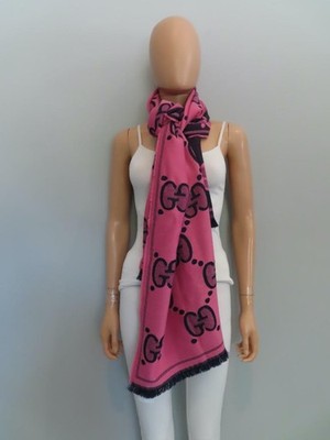 GUCCI Pink/Navy GG Rectangular Fringe Hem Scarf