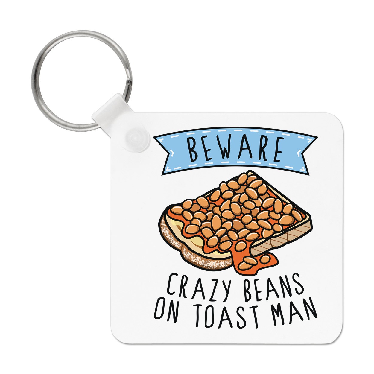 Beware Crazy Beans On Toast Man Keyring Key Chain Funny Joke Breakfast Food
