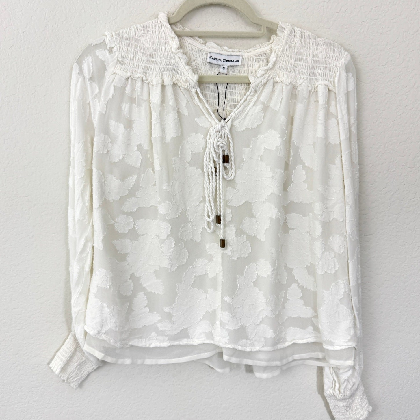 Revolve Karina Grimaldi Womens Blouse Top Size S Smocked Floral Boho White