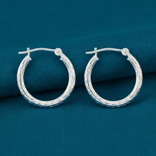 14K Solid White Gold Hand Engraved Full Diamond-Cut Round Hoop Earrings 11-35mm