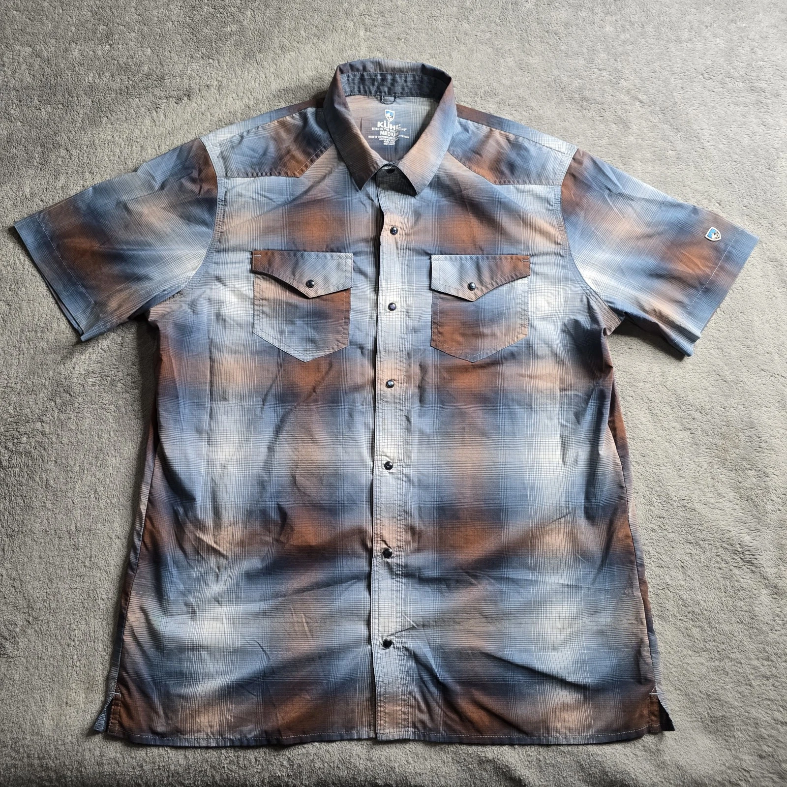 Kuhl Konquer Shirt Mens Medium Rivers Edge Blue Snap Button S/S Plaid Hiking
