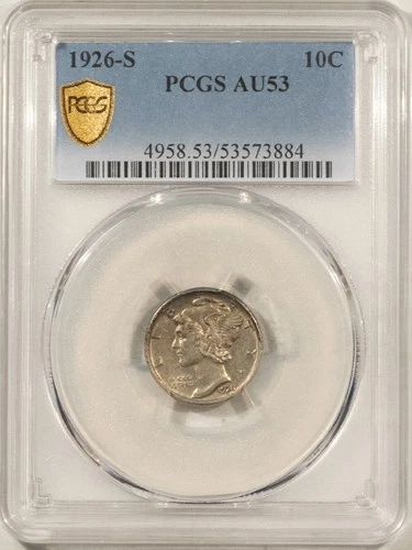 1926-S MERCURY DIME - PCGS AU-53, TOUGH DATE!