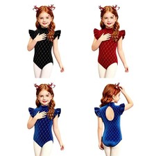 Girls Leotard Competition Bodysuit Glitter Unitard Cap Sleeve Uniform Show Soft