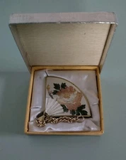 Vintage YKK Chokin Art Fan Shaped Compact Mirror/Photo Holder In Original Box