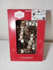 Fall Christmas Wood Bead Garland Farmhouse Rustic Beads Pine Cone Decor 6 Ft NEW