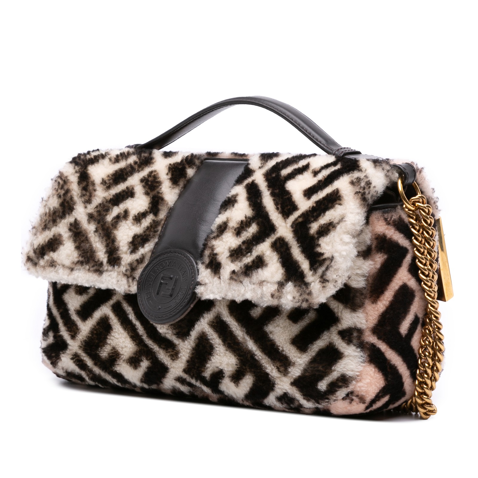 Fendi Zucca Shearling Double F Baguette Satchel Pre-Loved Beige image 2
