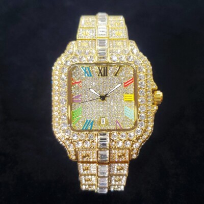 Hip Hop Luxury Fully Ice out Men's Watch Iced VVS Gold Square Diamond Jewelry