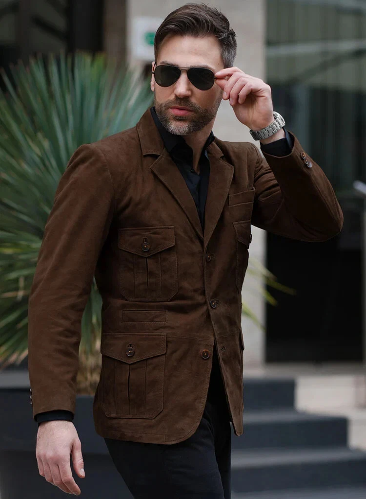 HOT! New Men's Brown Suede Blazer Pure Soft Lambskin suede Leather Coat blazer