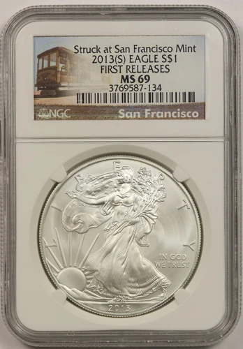 2013 (S) Silver Eagle $1 MS69 NGC First Releases Struck at San Francisco Trolley