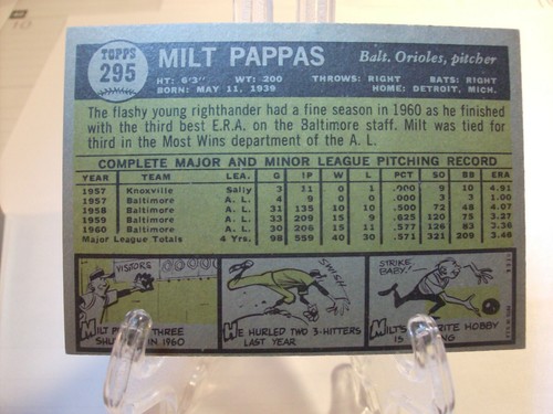 1961 Topps Baseball #295 - Milt Pappas - Baltimore Orioles 61-074 - Picture 2 of 2