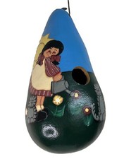 VTG Hand Made Painted Gourd Bird House Garden Cats Flowers Girl 13  