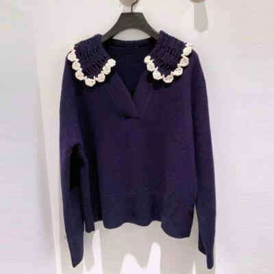 Sandro Sweater with Hand-knitted Collar Navy Blue