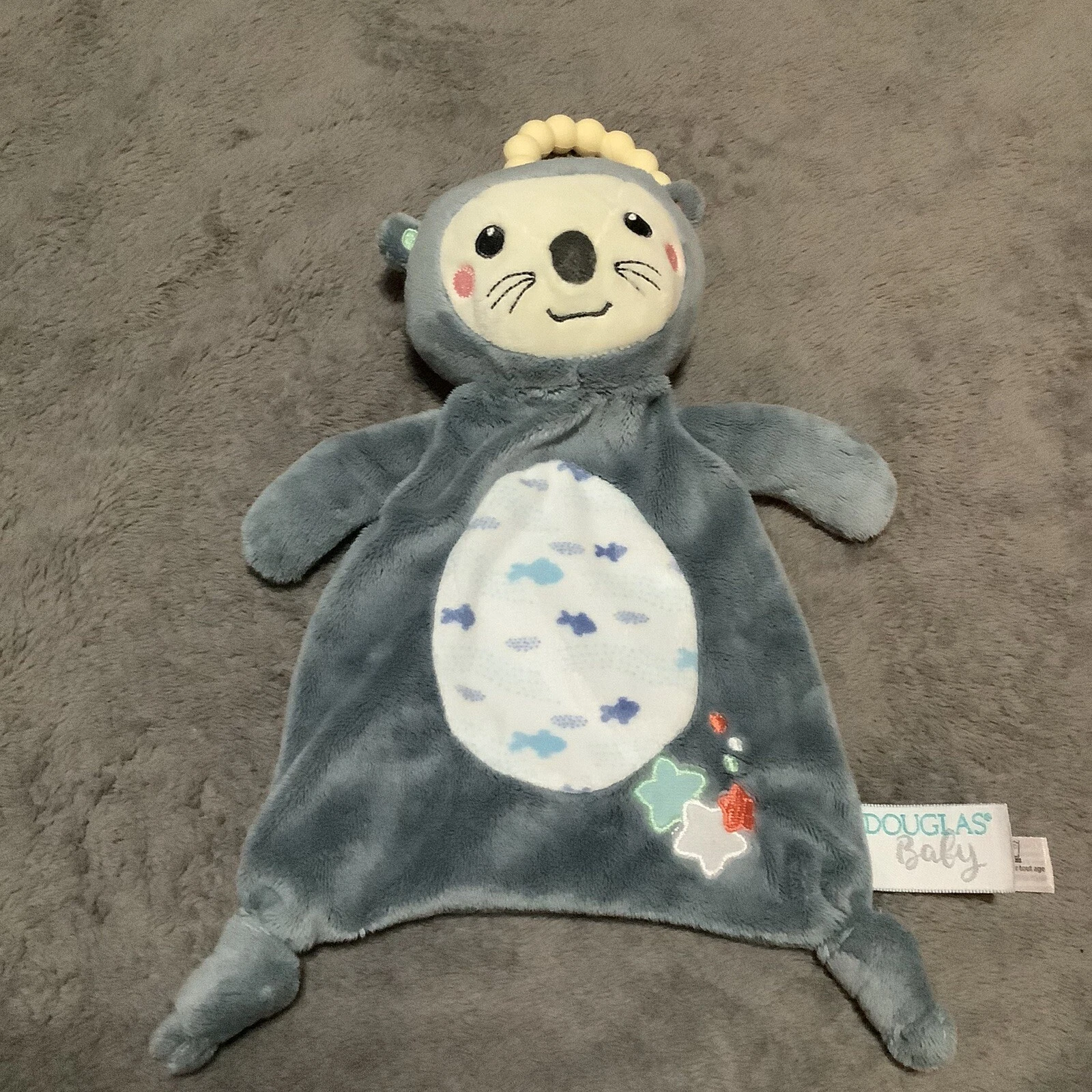 Douglas Otter Blue White Plush Teether Ring Baby Security Toy Lovey EUC