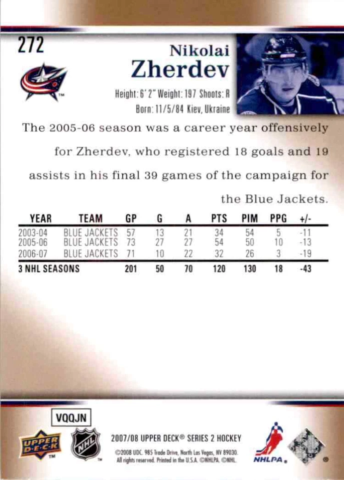 2007-08 Upper Deck Nikolai Zherdev #272 - Image 2 of 2