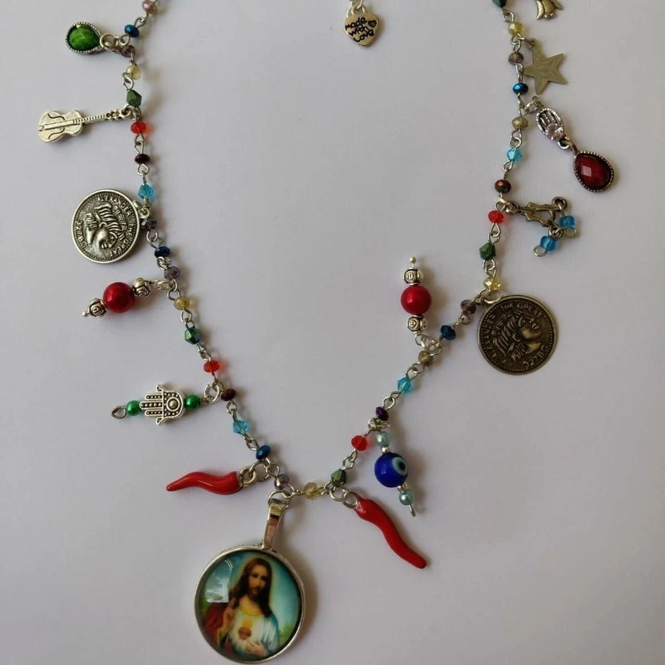 Collana rosario cristalli coloratia Sacro Cuore di Gesù 21 ciondoli - Immagine 4 di 4