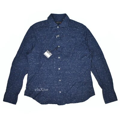 NWT $285 Corneliani ID Navy Speckled Cotton Pique Button Down Shirt 40 AUTHENTIC