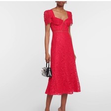 Self-Portrait Red Floral Cord Lace Bustier Midi Dress Cap Sleeve Sweetheart Sz 8