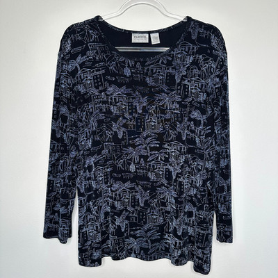 Vtg Chicos Travelers Top Womens Sz L Blue Tropical Palm Trees Print Liquid Knit