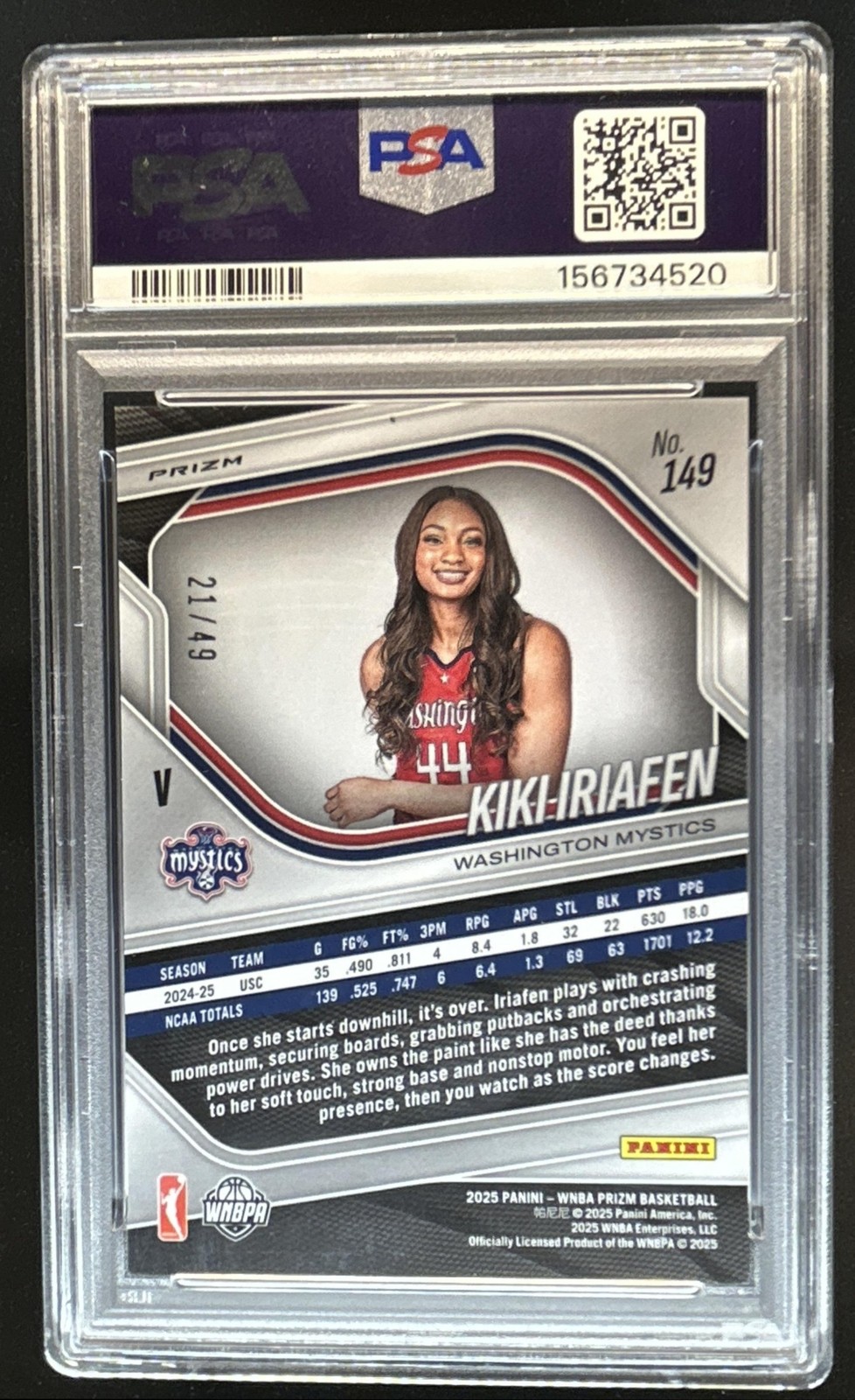 2025 Panini WNBA Prizm Kiki Iriafen RC Teal Rookie #/49 Mystics PSA 10 GEM MINT view 2