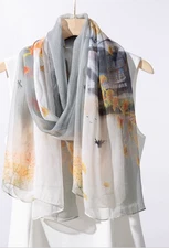 100% Silk Scarf Women neckerchief Shawl Wrap floral thin yellow gray MY188-43