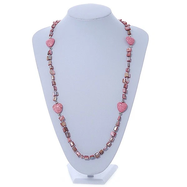 Dusty Pink Shell Nugget With Stone Hearts Necklace - 76cm L - Image 3 of 4
