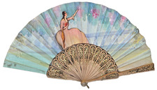 Ventaglio Art Déco anni 20-30 dipinto a mano legno traforato dorato 56 cm