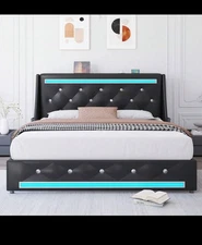 Diamond Button Design Bed Frame With Large Wingback Headboard And Pockets, Charg